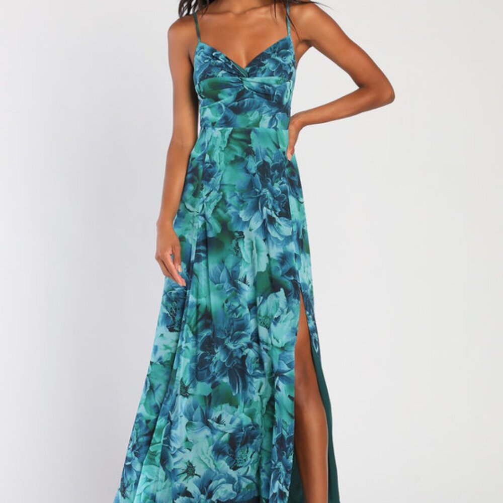Lulus Beautiful Soul Teal Green Floral Print Twist-front Maxi Dress - Size L